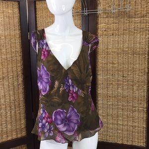 Jones New York Sheer V Neck Top Cap Sleeve Medium